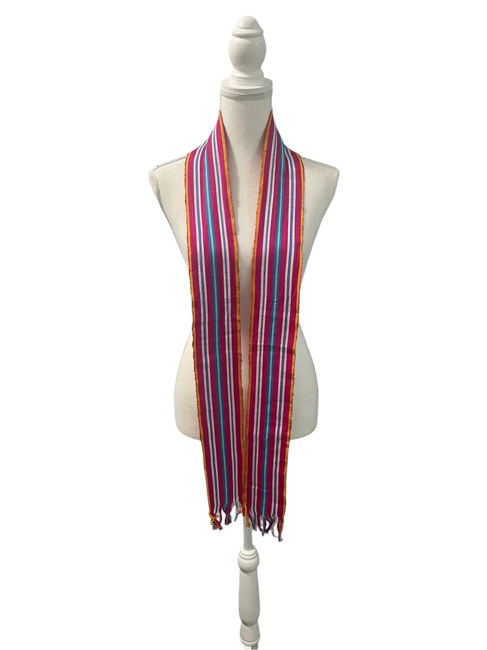 Artisan Woven Multicolored Vertical Stripes Scarf Sash Belt Fringe Guatemala